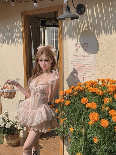 Đầm váy nữ Lux Corset S2439 phối hoa phong cách balletcore dáng corset có xương định hình phối bèo thiên thần tiểu thư nữ tính Bralettehousevn