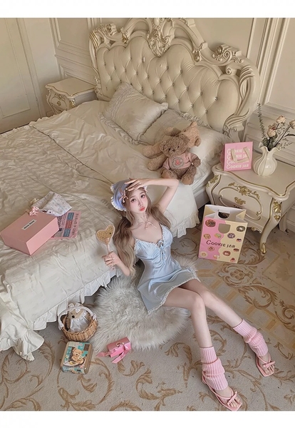 Đầm ngủ satin nữ Erza Dress S2420 cao cấp form xoè nhẹ ca rô xanh đáng yêu tươi trẻ Bralettehousevn