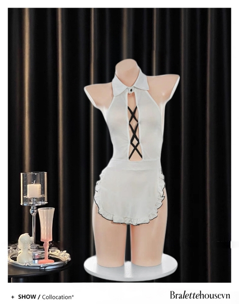Bộ đồ hầu gái Steady Maid Set S2575 gợi cảm dáng tạp dề đan chéo gợi cảm phong cách Trung Hoa Bralettehousevn