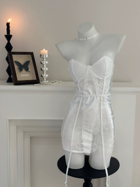 [Kèm dây đai] Shiny Set S2302 đầm cúp ngực satin phối ren cao cấp thiết kế choker quyến rũ gợi cảm sang trọng Bralettehousevn