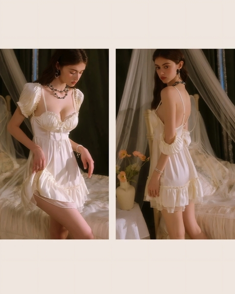 [CHE BẮP TAY] Đầm váy ngủ nữ Laila Dress S2507 satin cao cấp có tay  dáng xoè che khuyết điểm phong cách nàng thơ Bralettehousevn