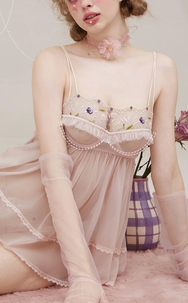 Đầm váy ngủ nữ cao cấp có gọng Qeqe Dress S2652 xuyên thấu phối ren bèo nữ tính tiểu thư gợi cảm Bralettehousevn