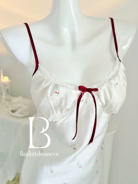 Đầm váy ngủ lụa satin cao cấp Wuci Dress in hoạ tiết hoa cherry dễ thương nữ tính mùa hè Bralettehousevn