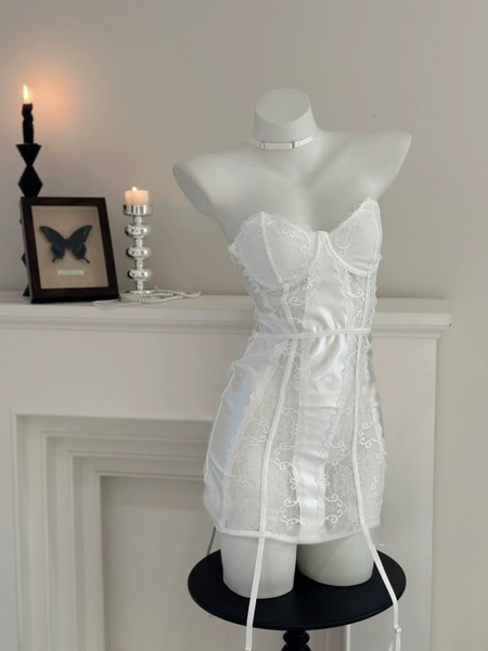 [Kèm dây đai] Shiny Set S2302 đầm cúp ngực satin phối ren cao cấp thiết kế choker quyến rũ gợi cảm sang trọng Bralettehousevn