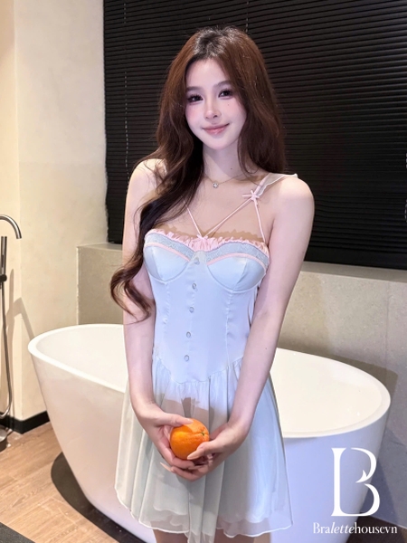 Đầm váy ngủ satin Belle Dress baby blue phối viền hồng tiểu thư cao cấp Bralettehousevn