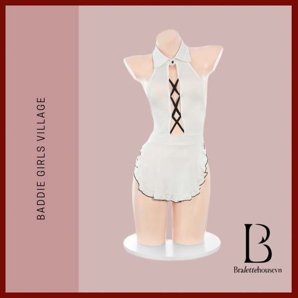 Bộ đồ hầu gái Steady Maid Set S2575 gợi cảm dáng tạp dề đan chéo gợi cảm phong cách Trung Hoa Bralettehousevn