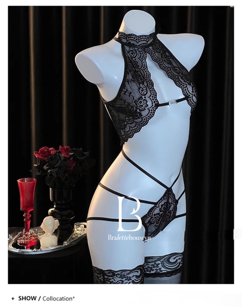 Bộ đồ liền thân ren Bomby Bodysuit S2608 kèm khoen lấp lánh phối dây gợi cảm táo bạo Bralettehousevn