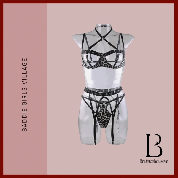 [KÈM ĐAI] Set đồ lót 3 món Ounce Set S2585 da beo da PU gợi cảm táo bạo có gọng không mút Bralettehousevn