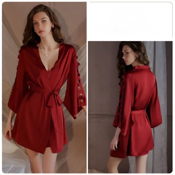 Choàng ngủ nữ satin Evelyn S2237 phối hoa nổi gợi cảm Bralettehousevn