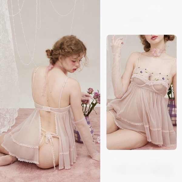 Đầm váy ngủ nữ cao cấp có gọng Qeqe Dress S2652 xuyên thấu phối ren bèo nữ tính tiểu thư gợi cảm Bralettehousevn