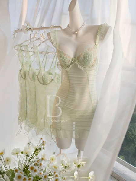 [Kèm quần] Đầm váy ngủ nữ cao cấp Mint Dress S2517 xuyên thấu phối ren có sẵn mút đệm cánh tiên form ôm tôn dáng Bralettehousevn