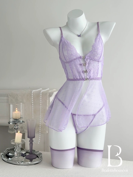 [KÈM QUẦN] Đầm váy ngủ nữ Bibi Dress S2523 xuyên thấu khoen đá cao cấp nữ tính gợi cảm Bralettehousevn