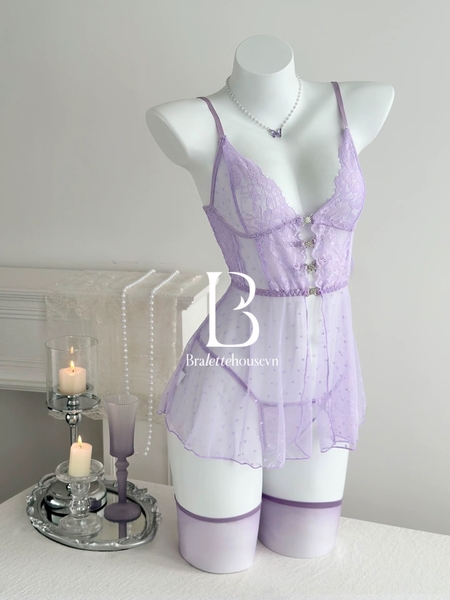 [KÈM QUẦN] Đầm váy ngủ nữ Bibi Dress S2523 xuyên thấu khoen đá cao cấp nữ tính gợi cảm Bralettehousevn