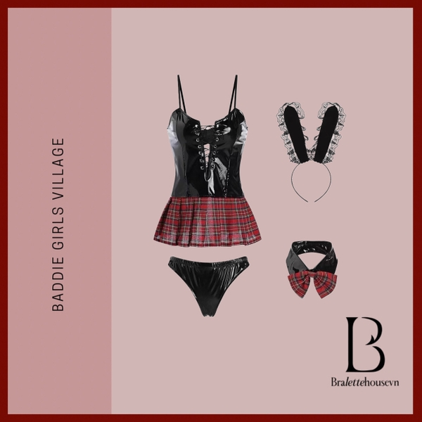 (Kèm cài) Set đồ hoá trang thỏ nữ sinh Juicy Bunny Set S2376 da PU caro gợi cảm quyến rũ loại 1 Bralettehousevn