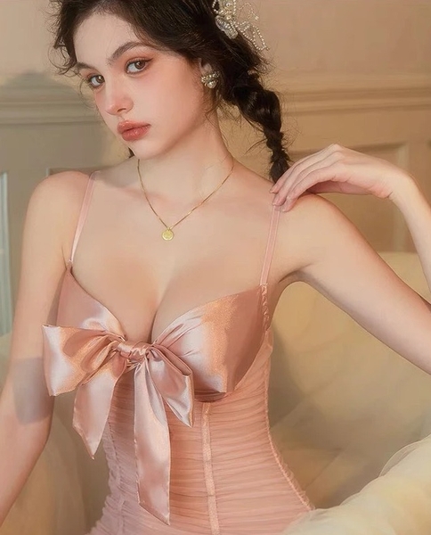 (Kèm quần) Đầm ngủ nữ Pling Dress S2377 cột nơ satin phối voan form ôm xuyên thấu gợi cảm Bralettehousevn - viết giúp tôi mô tả bán hàng