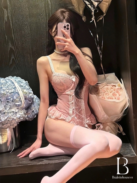 ( Tặng kèm vớ) Bộ đồ dáng corset Rosalin Bodysuit S2427 phối ren nơ phong cách Pháp nữ tính quyến rũ Bralettehousevn