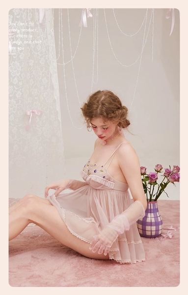 Đầm váy ngủ nữ cao cấp có gọng Qeqe Dress S2652 xuyên thấu phối ren bèo nữ tính tiểu thư gợi cảm Bralettehousevn