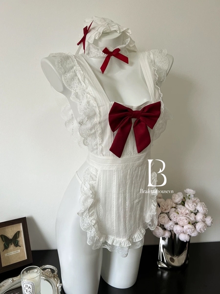 [KÈM PHỤ KIỆN] Apron Maid Set S2399 đồ hầu gái đính nơ đỏ đáng yêu gợi cảm quyến rũ Bralettehousevn