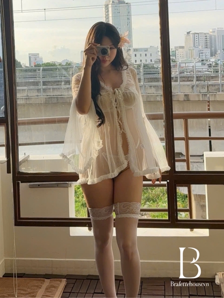 [KÈM QUẦN] Choàng váy ngủ 2 in 1 Mashmallow dress cột dây phối ren xuyên thấu cao cấp nữ tính tay xoè phối nơ đính kèmhack dáng