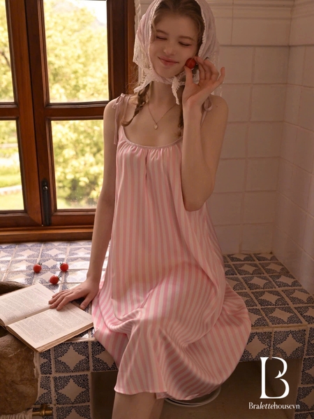 Váy ngủ satin cao cấp nữ Seli Dress S2561 mặc được 2 kiểu babydoll nữ tính thoải mái đính nơ cột dây Bralettehousevn