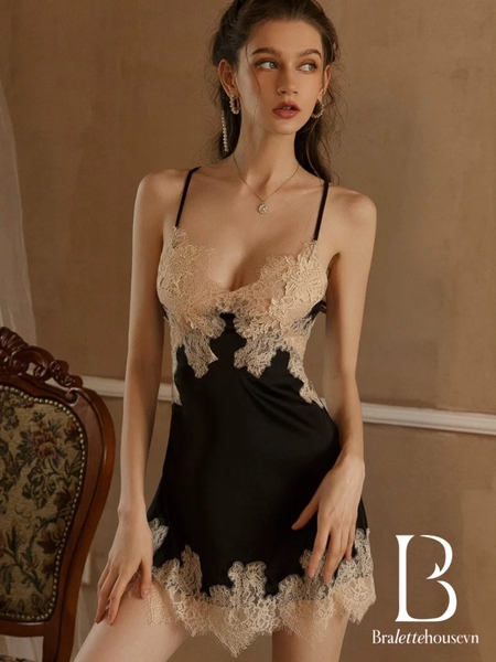 Đầm ngủ satin nữ Jammy Dress S2593 phối ren da cao cấp gợi cảm sang trọng nữ tính Bralettehousevn
