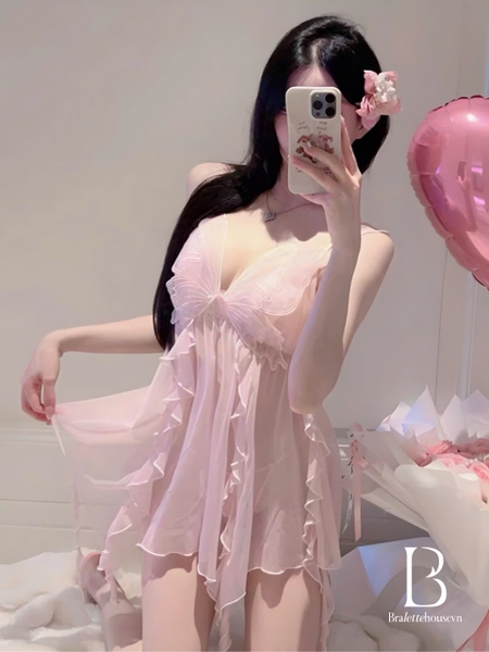 Đầm ngủ nữ satin phối ren voan cánh bướm Westy Dress S2284 cao cấp dáng xoè có mút bay bổng gợi cảm Bralettehousevn