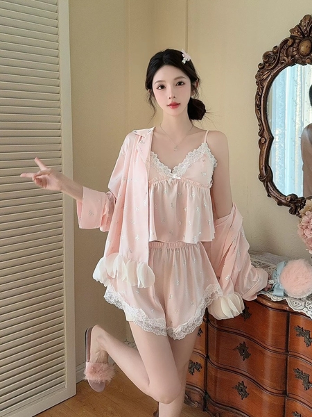Set đồ ngủ 2 dây satin Ribat Set cột dây in hoạ tiết nơ nữ tính kèm quần short tiểu thư sang chảnh Bralettehousevn