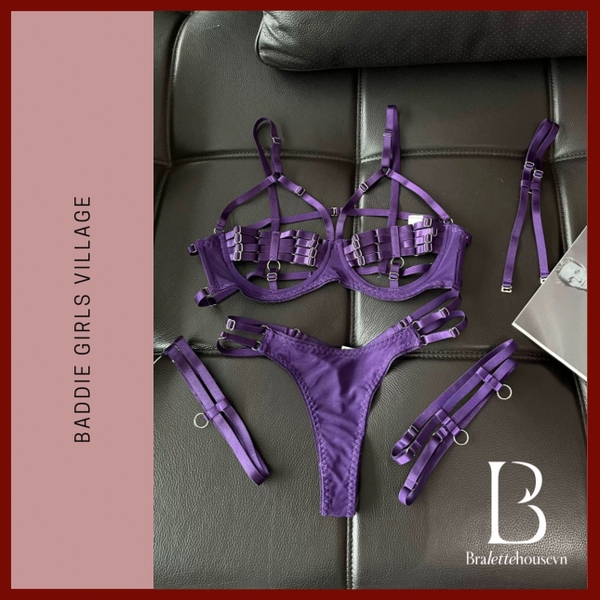 [KÈM ĐAI] Bộ đồ lót nữ Cage Set S2475 chất da PU có gọng phối khoen gợi cảm táo bạo Bralettehousevn