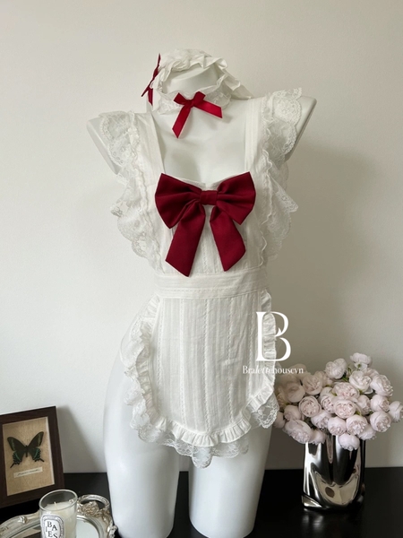 [KÈM PHỤ KIỆN] Apron Maid Set S2399 đồ hầu gái đính nơ đỏ đáng yêu gợi cảm quyến rũ Bralettehousevn
