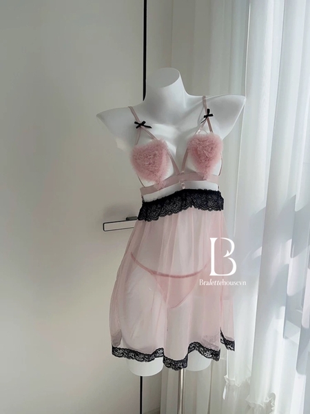 [💓Kèm quần] Đầm ngủ trái tim Bomb Pink Dress S2312 voan xuyên thấu gợi cảm tiểu thư nữ tính Bralettehousevn