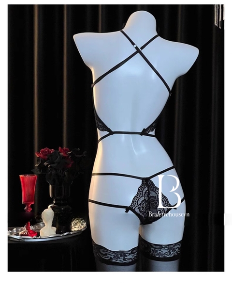 Bộ đồ liền thân ren Bomby Bodysuit S2608 kèm khoen lấp lánh phối dây gợi cảm táo bạo Bralettehousevn