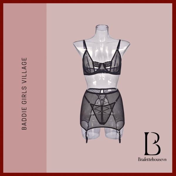 [KÈM GĂNG TAY + VÒNG ĐÙI] Bộ áo lót Random Set S2535 và chân váy ôm sát xuyên thấu gợi cảm cut out sau Bralettehousevn