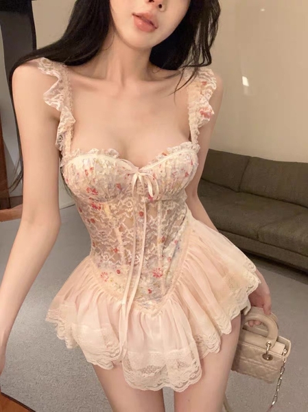 Đầm váy nữ Lux Corset S2439 phối hoa phong cách balletcore dáng corset có xương định hình phối bèo thiên thần tiểu thư nữ tính Bralettehousevn