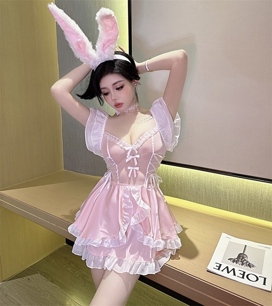 [Che tên - ko kèm cài] S2137 Tommie Set cosplay hoá trang đầm tầng tiểu thư thỏ hồng đáng yêu kín đáo Bralettehousevn