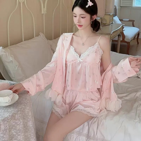 Set đồ ngủ 2 dây satin Ribat Set cột dây in hoạ tiết nơ nữ tính kèm quần short tiểu thư sang chảnh Bralettehousevn