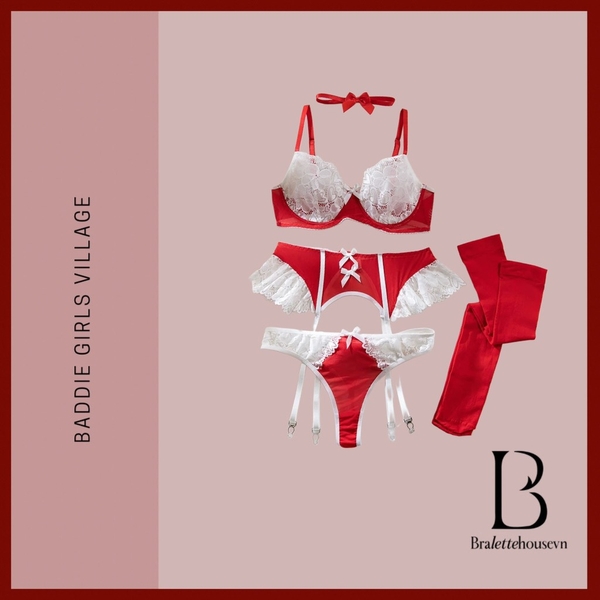 [TẶNG ĐAI + TẤT] Set đồ lót phối ren Ruffle Maid S2386 3 món phong cách hầu gái gợi cảm đính nơ cao cấp loại 1 Bralettehousevn