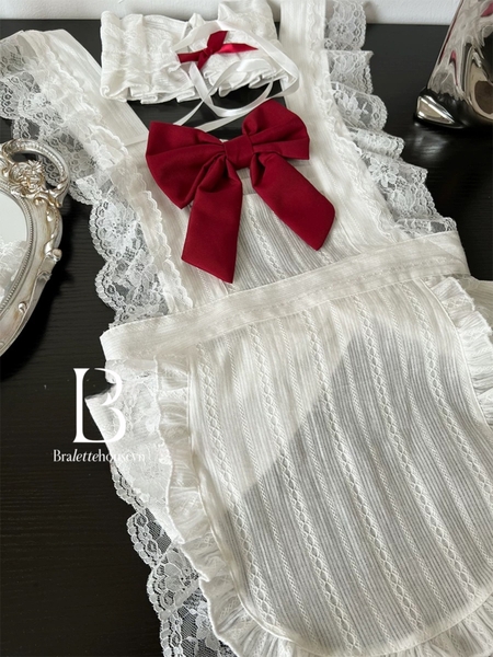 [KÈM PHỤ KIỆN] Apron Maid Set S2399 đồ hầu gái đính nơ đỏ đáng yêu gợi cảm quyến rũ Bralettehousevn