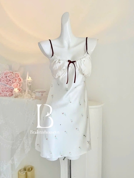 Đầm váy ngủ lụa satin cao cấp Wuci Dress in hoạ tiết hoa cherry dễ thương nữ tính mùa hè Bralettehousevn
