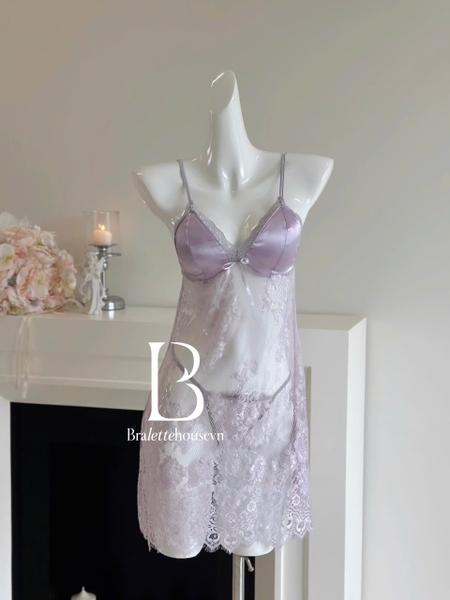 Đầm váy ngủ satin phối ren Wisteria Dress có mút sẵn xuyên thấu gợi cảm sang trọng nữ tính Bralettehousevn