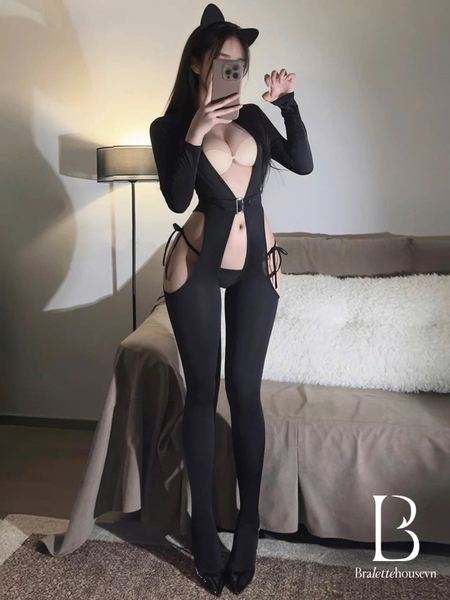 Bộ đồ cosplay Cat Woman Set kèm cài mèo dáng bodysuit cut out gợi cảm Bralettehousevn