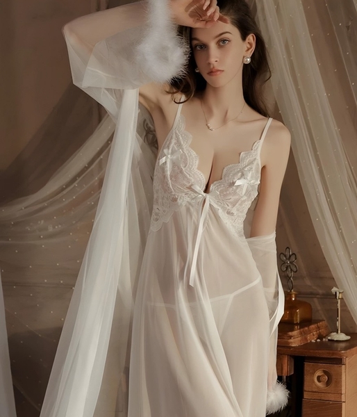 Váy ngủ nữ Ingenua Dress S2208 dáng dài voan xuyên thấu phối ren cao cấp Bralettehousevn