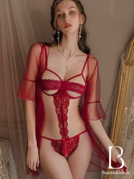 (Kèm choàng) Bộ đồ lót Rei Bodysuit S2504 kèm choàng chất ren phối xuyên thấu mỏng gợi cảm Bralettehousevn