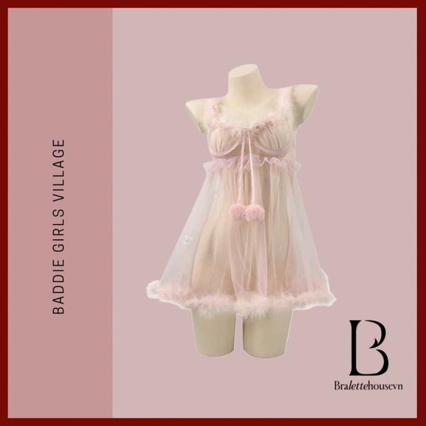 Đầm váy ngủ xuyên thấu phối lông Chemistry Dress S2675 công chúa tuyết tông hồng nữ tính gợi cảm Bralettehousevn