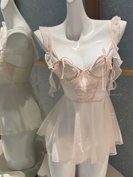[Kèm quần] Đầm váy ngủ nữ cao cấp Sukiki Dress S2518 xuyên thấu dây rũ cánh tiên nữ tính cut out form xoè Bralettehousevn