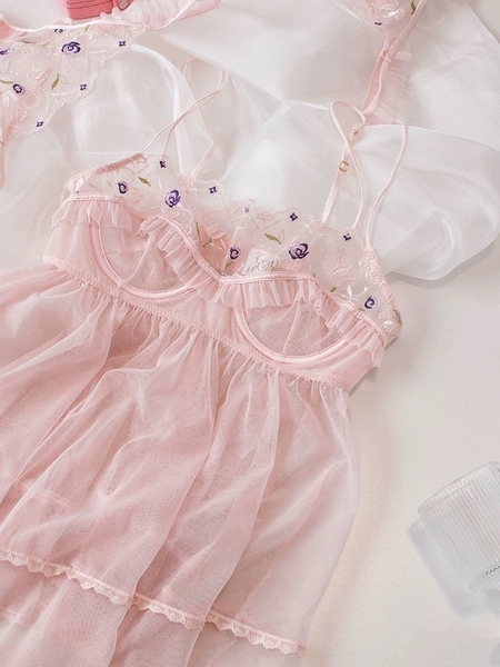 Đầm váy ngủ nữ cao cấp có gọng Qeqe Dress S2652 xuyên thấu phối ren bèo nữ tính tiểu thư gợi cảm Bralettehousevn