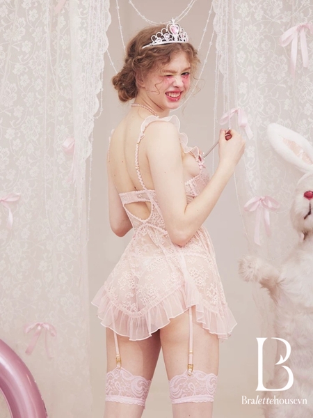 Kèm quần và dây đai] Đầm váy ngủ nữ ren cao cấp Nerves Dress S2519 xuyên thấu dây rũ cánh tiên nữ tính cut out form xoè Bralettehousevn