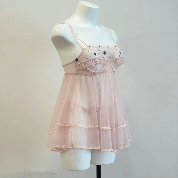 Đầm váy ngủ nữ cao cấp có gọng Qeqe Dress S2652 xuyên thấu phối ren bèo nữ tính tiểu thư gợi cảm Bralettehousevn