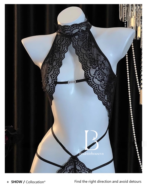 Bộ đồ liền thân ren Bomby Bodysuit S2608 kèm khoen lấp lánh phối dây gợi cảm táo bạo Bralettehousevn