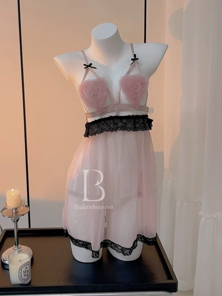 [💓Kèm quần] Đầm ngủ trái tim Bomb Pink Dress S2312 voan xuyên thấu gợi cảm tiểu thư nữ tính Bralettehousevn