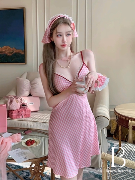 Đầm váy ngủ satin caro cao cấp Gomoku Dress S2693 phối nơ sau đáng yêu tiểu thư Bralettehousevn